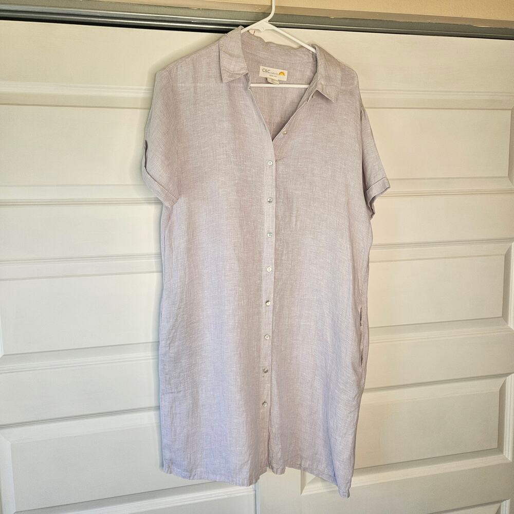 C&C California Lavender Linen Shirt Dress Coastal Pockets Lagenlook Resortwear L